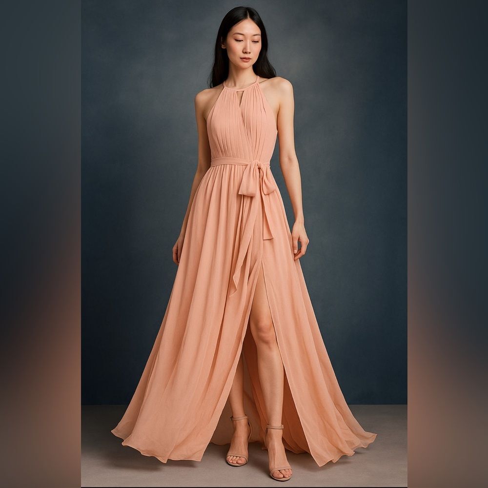 NWT Lavetir Long Chiffon A-line Dress with Slit Halter Wrap Formal Dress size L